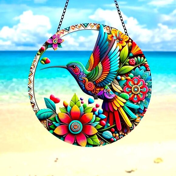 Suncatcher Hummingbird Flower Hanging Window Decor Folk Art Colorful In/Outdoor - Picture 2 of 4